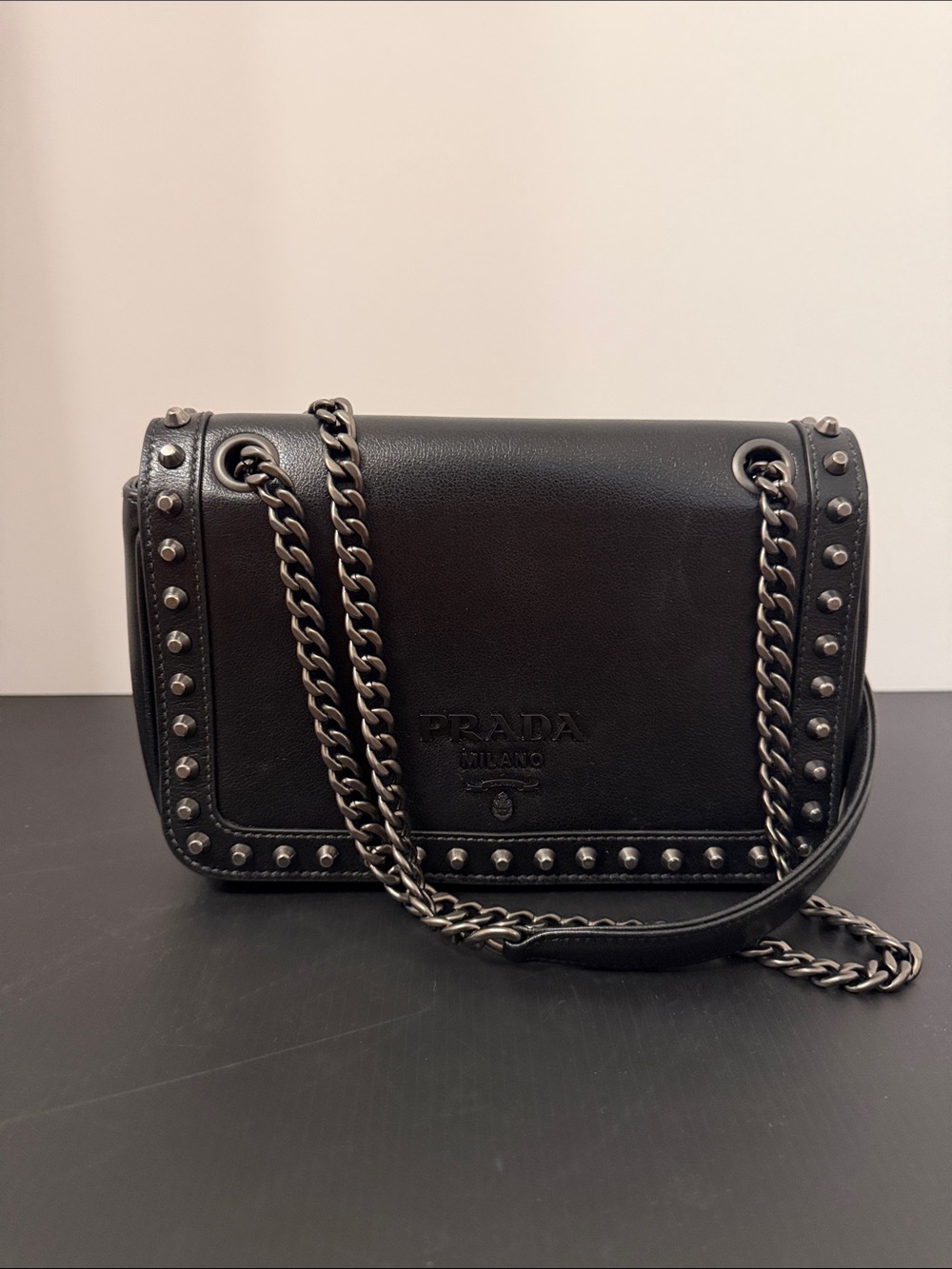 Prada Glacé Calf Studded Pushlock Chain Shoulder Bag